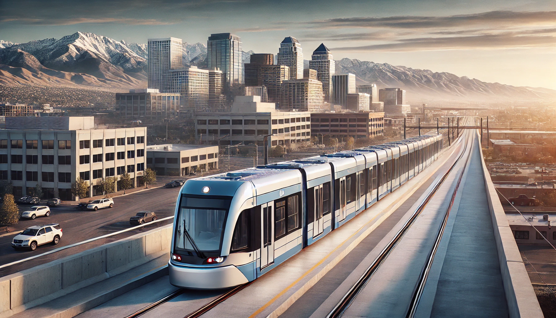 Stadler Citylink light rail car set against a Salt Lake City backdrop, showing the sleek design of the modern transit vehicle with the city's skyline and mountain range in the background.